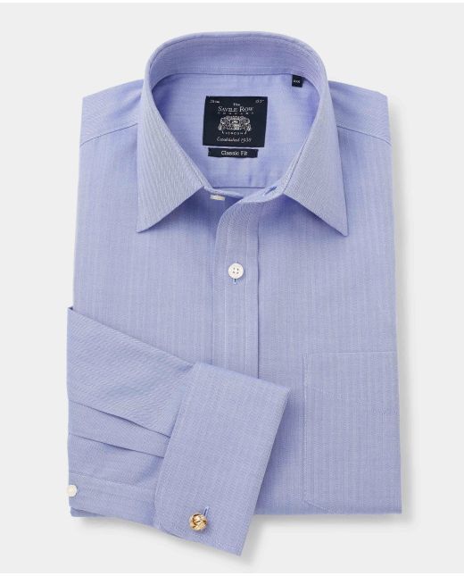 Blue Fine Herringbone Classic Fit Non-Iron Formal Shirt - Double Cuff