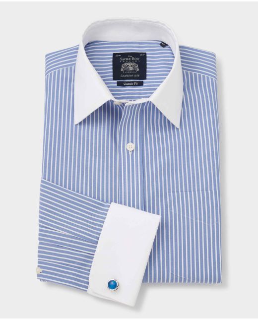 Blue White Stripe Classic Fit Non-Iron Formal Shirt With White Collar & Cuffs - Double Cuff