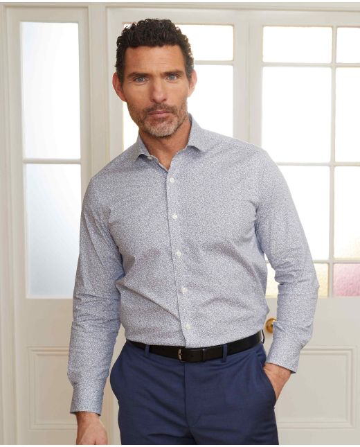 Navy White Stretch Cotton Printed Slim Fit Casual Shirt