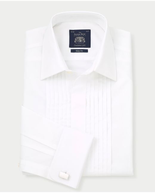 White Poplin Pleated Slim Fit Double Cuff Evening Formal Shirt