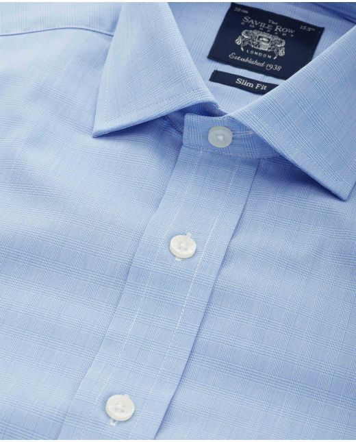 Blue Prince of Wales Check Slim Fit Formal Shirt - Single Cuff