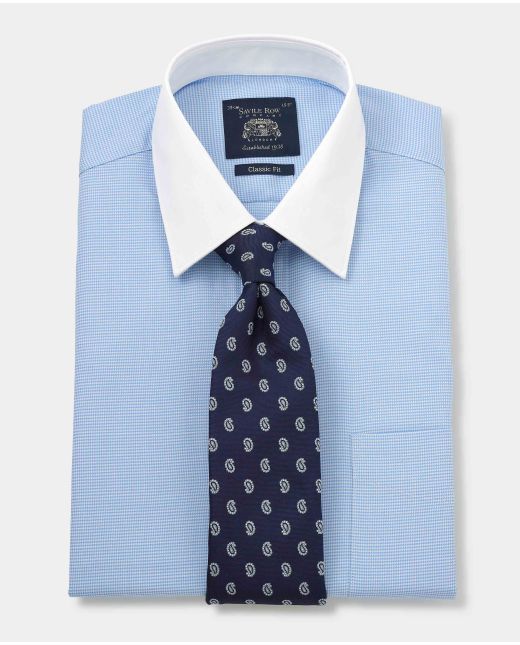 Blue Puppytooth Classic Fit Contrast Collar Shirt - Double Cuff