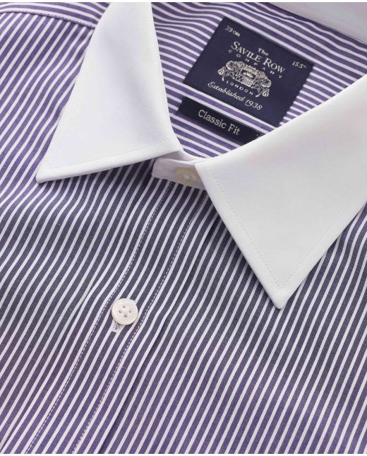 Dark Navy White Stripe Cotton Poplin Classic Fit Shirt - Double White Cuff & White Collar - 1322NAW - Large Image