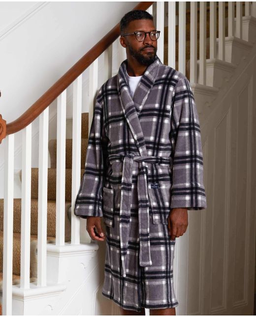 Grey Black White Large Check Fleece Dressing Gown