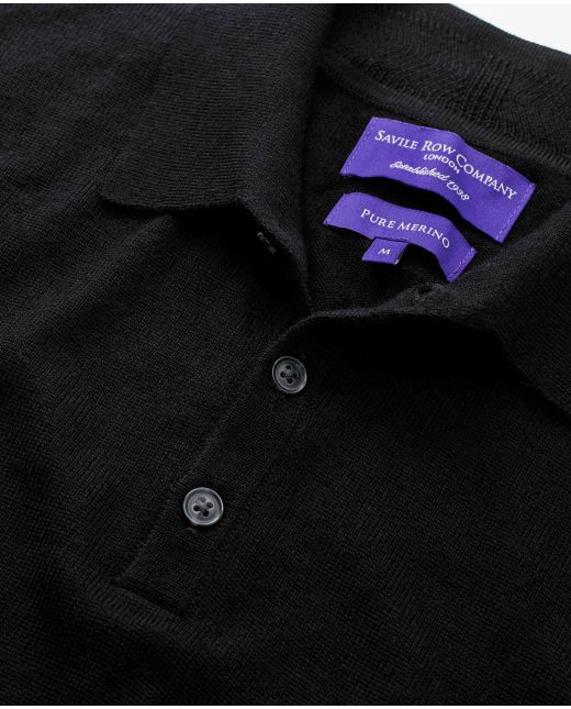 Black Merino Wool Knitted Polo Shirt  - Collar Detail - MKW527BLK