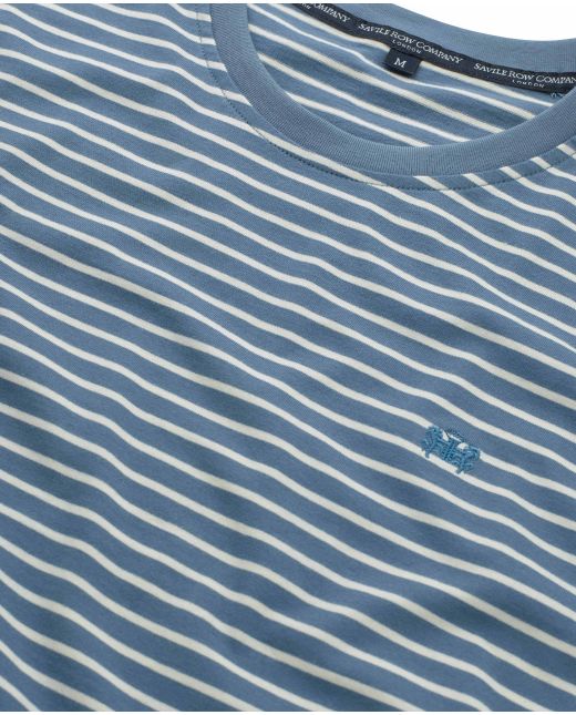 Blue Cream Striped Cotton Jersey Crew Neck T-Shirt - Collar Detail - MTS102DBC