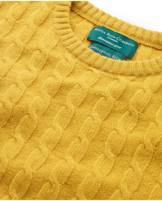 Mustard Lambswool Blend Cable Knit Jumper  - Collar Detail - MKW546MSD