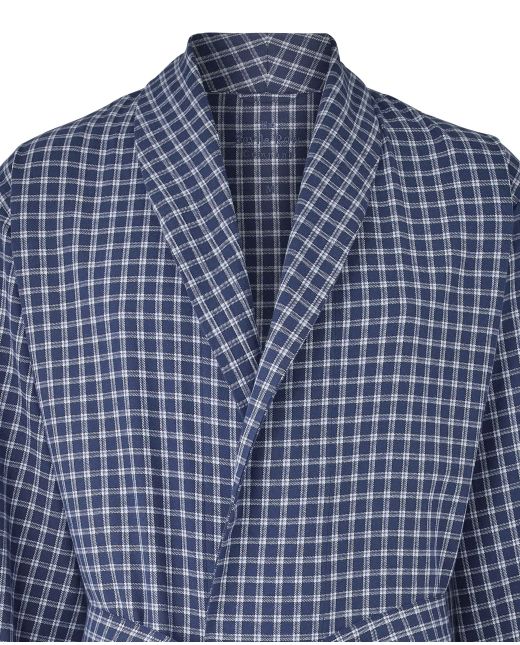 Navy Blue White Check Brushed Cotton Dressing Gown  - Collar Detail - MDG1071NAW