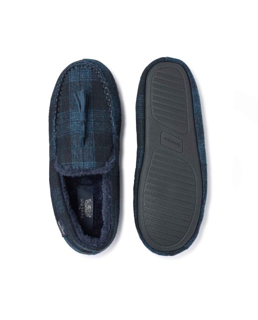 Navy Check Microsuede Moccasin Slippers  - Overhead And Sole Shot - MSP723NAV