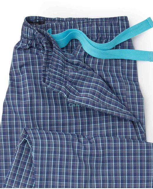 Navy Turquoise Check Cotton Lounge Pants - Waist Detail - MLP1063NAT