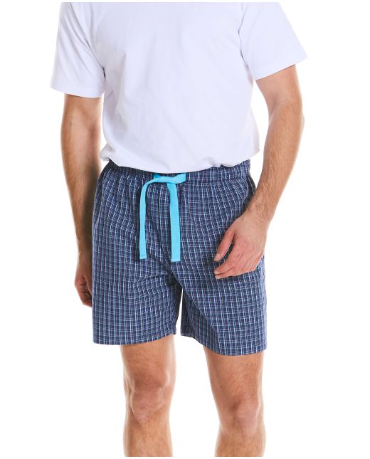 Navy Turquoise Check Cotton Lounge Shorts - Model Shot - MLS1063NAT