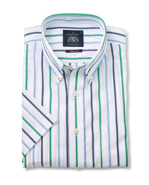 White Blue Green Stripe Classic Fit Short Sleeve Shirt - 1352NBGMSS