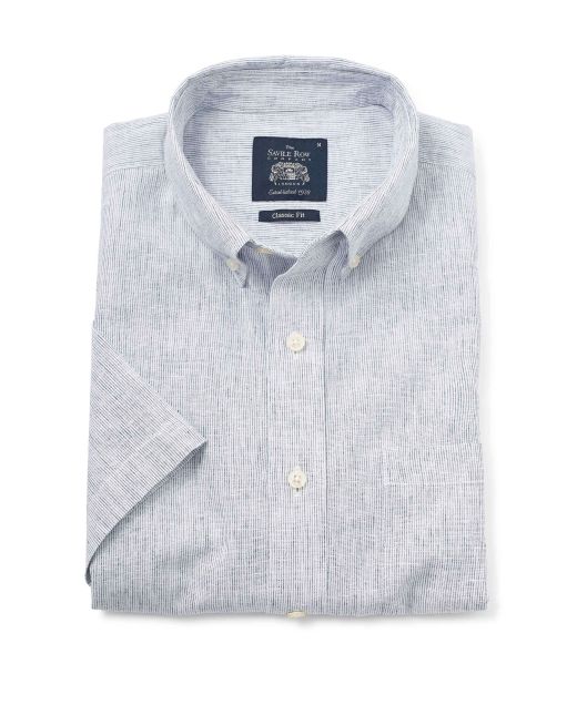 White Navy Stripe Linen-Blend Short Sleeve Shirt - 1393WHBMSS
