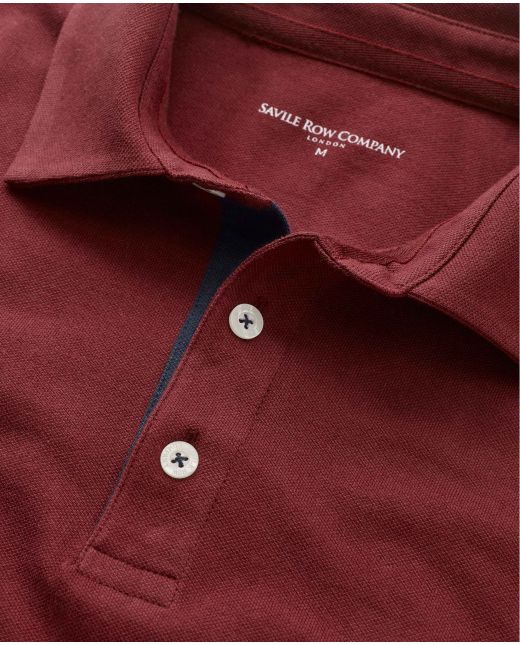 Wine Red Cotton-Piqué Long Sleeve Polo Shirt  - Collar Detail - MPL650WNE