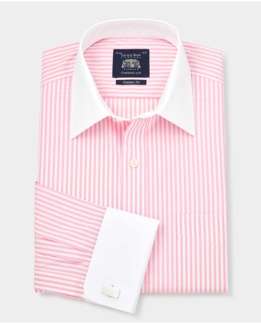 Pink Stripe Classic Fit Contrast Collar Formal Shirt With White Collar & Double Cuffs
