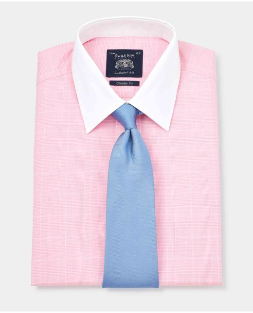 Pink Prince of Wales Check Classic Fit Contrast Collar Formal Shirt With White Collar & Cuffs