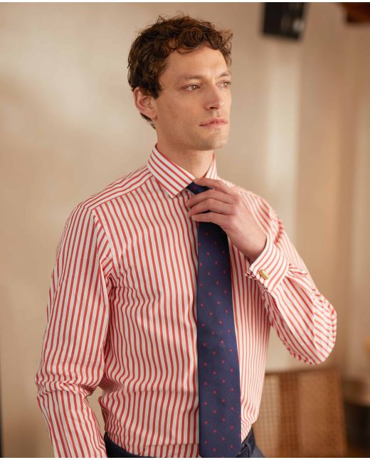 Red Slim Fit Striped Formal Shirt - Double Cuff