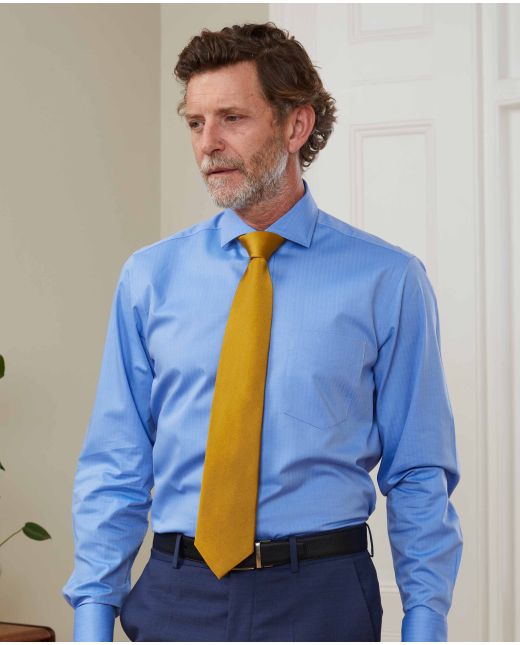 Mid Blue Herringbone Classic Fit Formal Shirt - Double Cuff