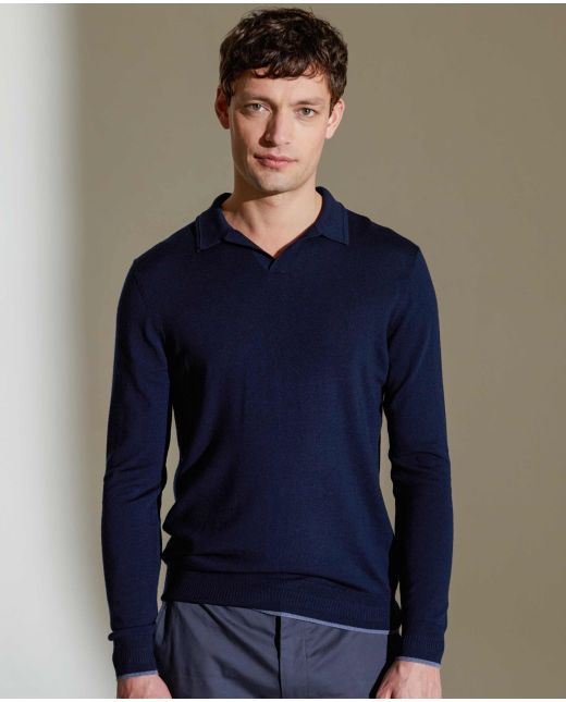 Navy Merino Wool Open Collar Knitted Polo Shirt
