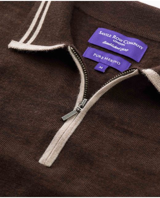 Dark Espresso Merino Wool Zip-Neck Knitted Polo Shirt