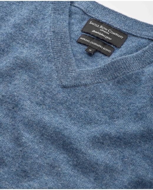 Denim Blue Wool Cashmere V-Neck Jumper