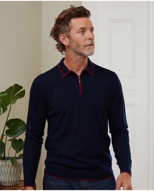 Navy Merino Wool Zip-Neck Knitted Polo Shirt