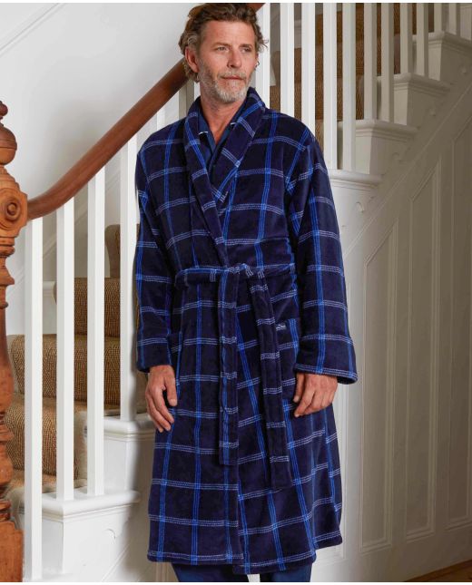 Navy Blue Large Check Fleece Dressing Gown
