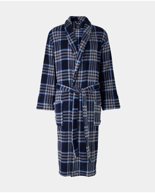 Navy Blue Stone Large Check Fleece Dressing Gown