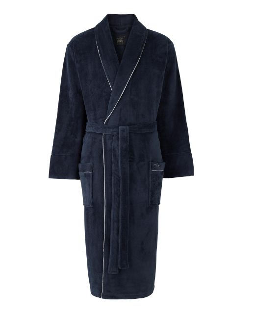 Navy Fleece Dressing Gown With Piping