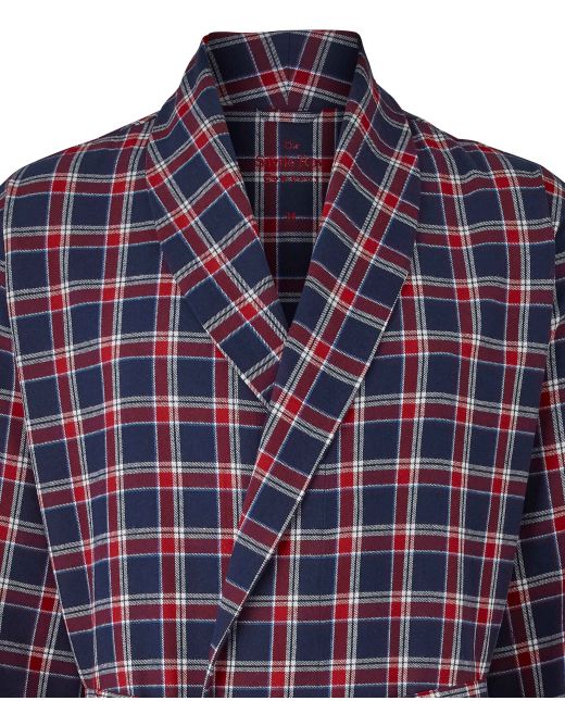Navy Red White Check Brushed Cotton Dressing Gown