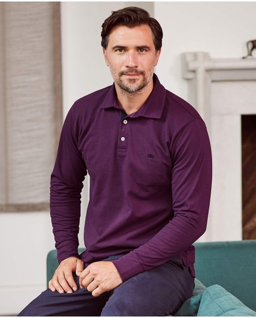 Deep purple Cotton-Piqué Long Sleeve Polo Shirt
