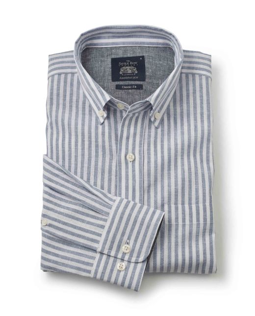 White Blue Stripe Classic Fit Linen-Blend Shirt