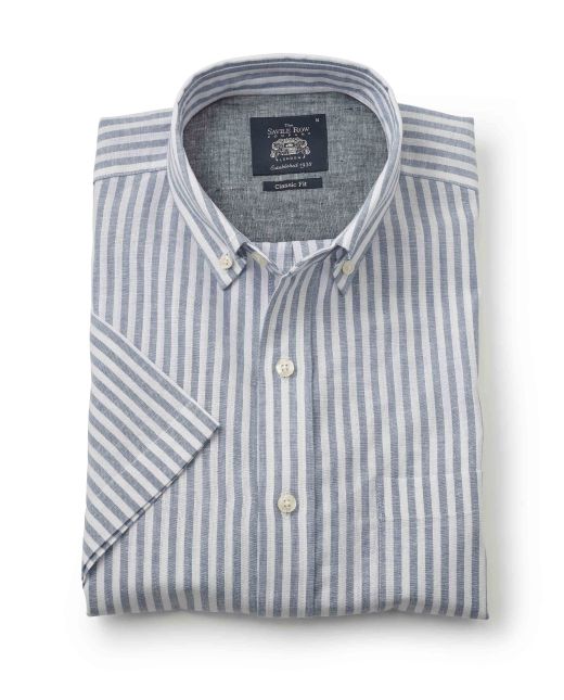 White Blue Stripe Linen-Blend Short Sleeve Shirt