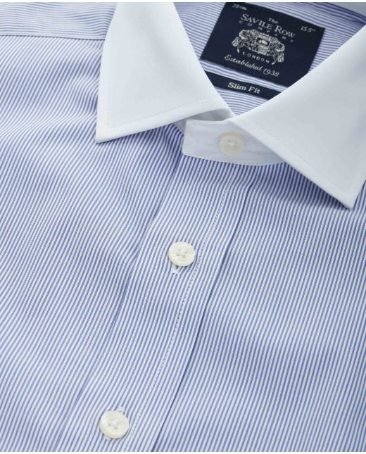 White Navy Fine Stripe Slim Fit Formal Shirt With White Collar & Cuffs - Double Cuff