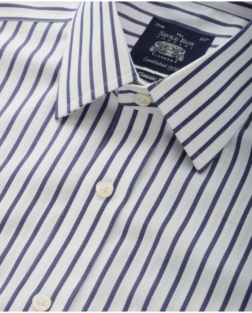 White Navy Stripe Classic Fit Non-Iron Shirt - Single Cuff