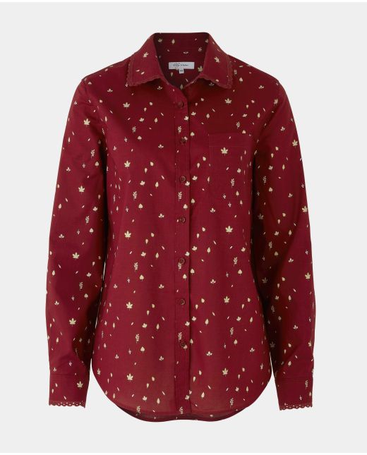 Women's Deep Red Leaf Print Semi Fitted Shirt