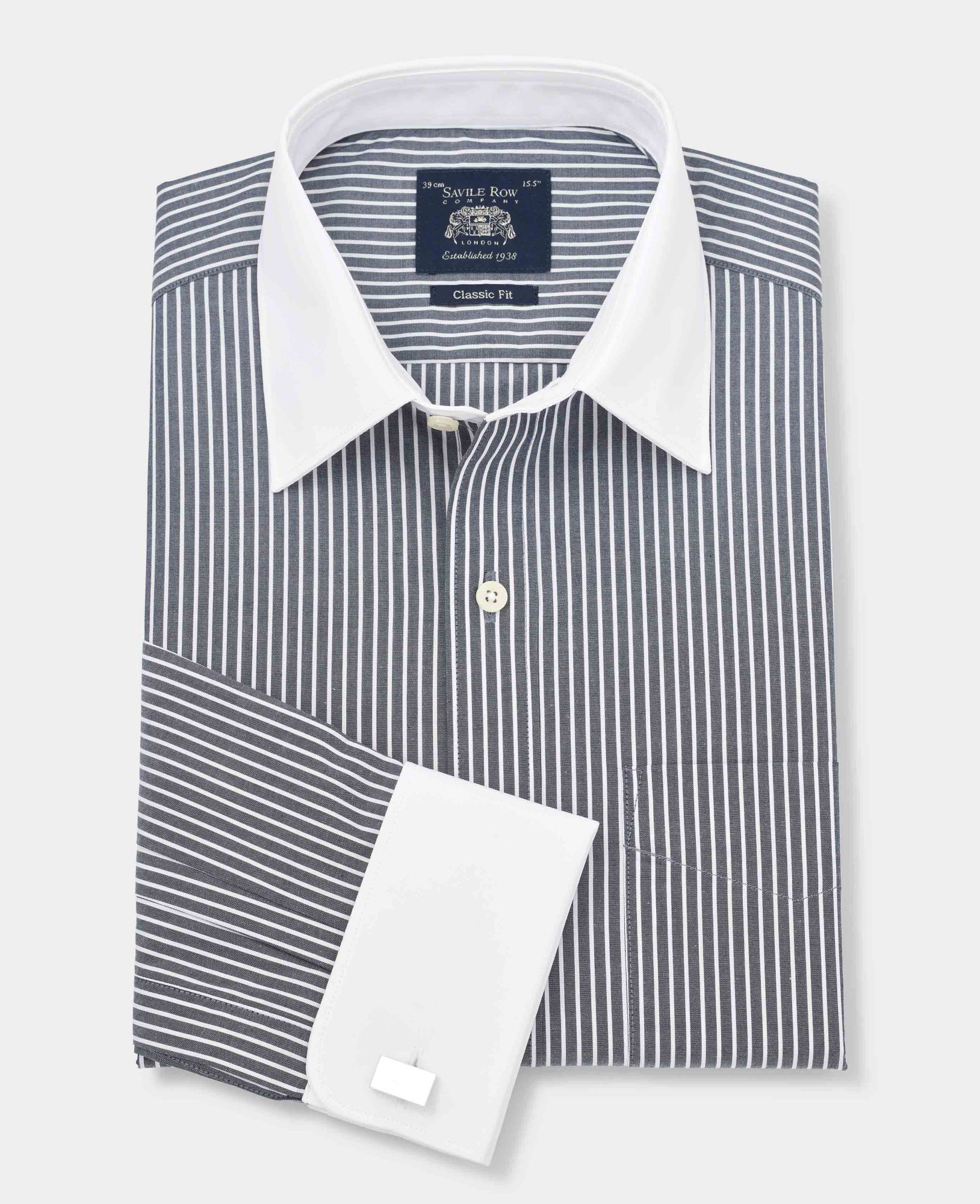 Black White Stripe Classic Fit Shirt With White Collar & Cuffs - Double Cuff 16 1/2