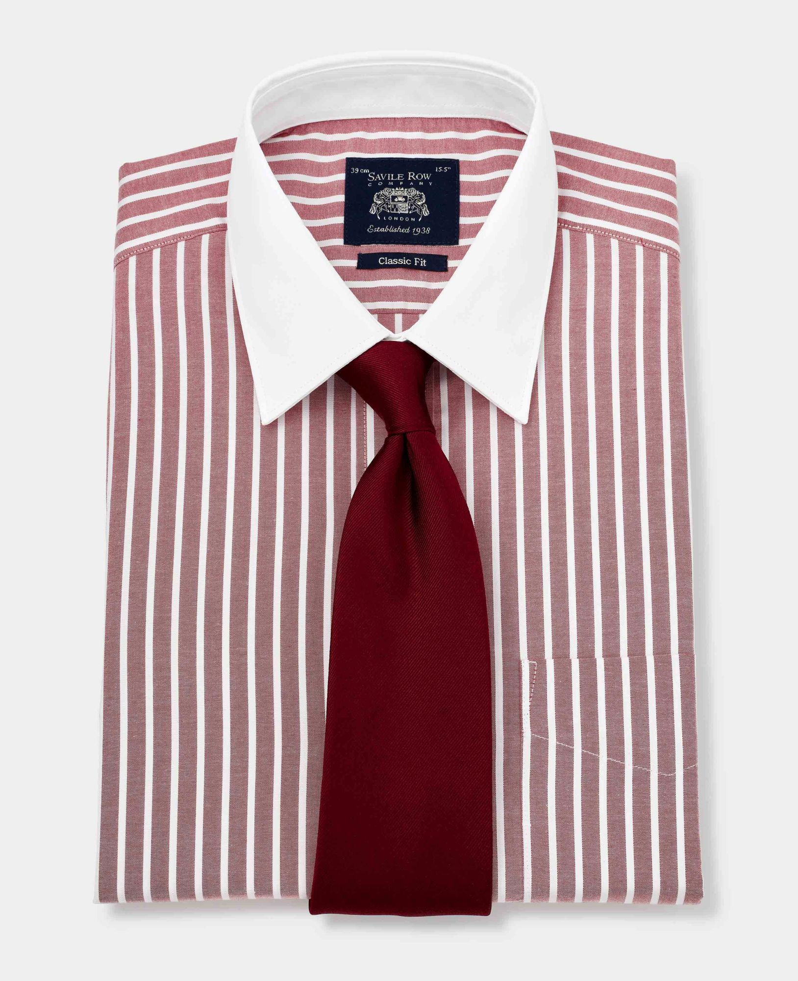 Dark Red White Stripe Classic Fit Shirt With White Collar & Cuffs - Double Cuff 16