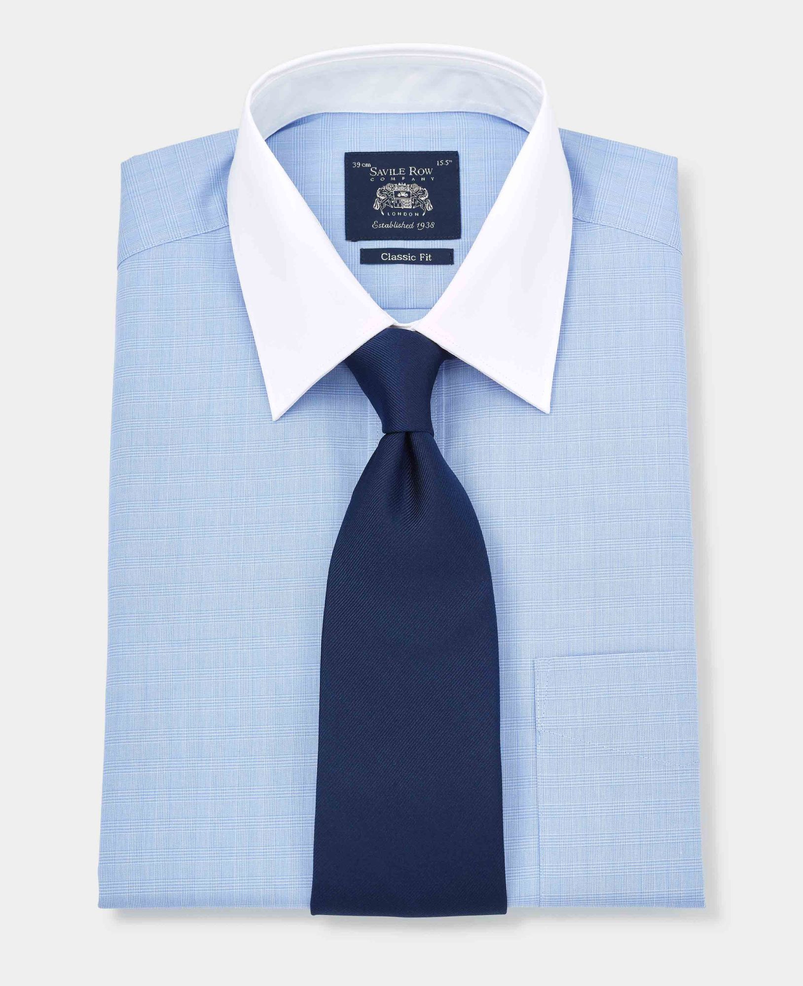 Blue White Prince of Wales Check Classic Fit Shirt With White Collar & Cuffs - Double Cuff 17