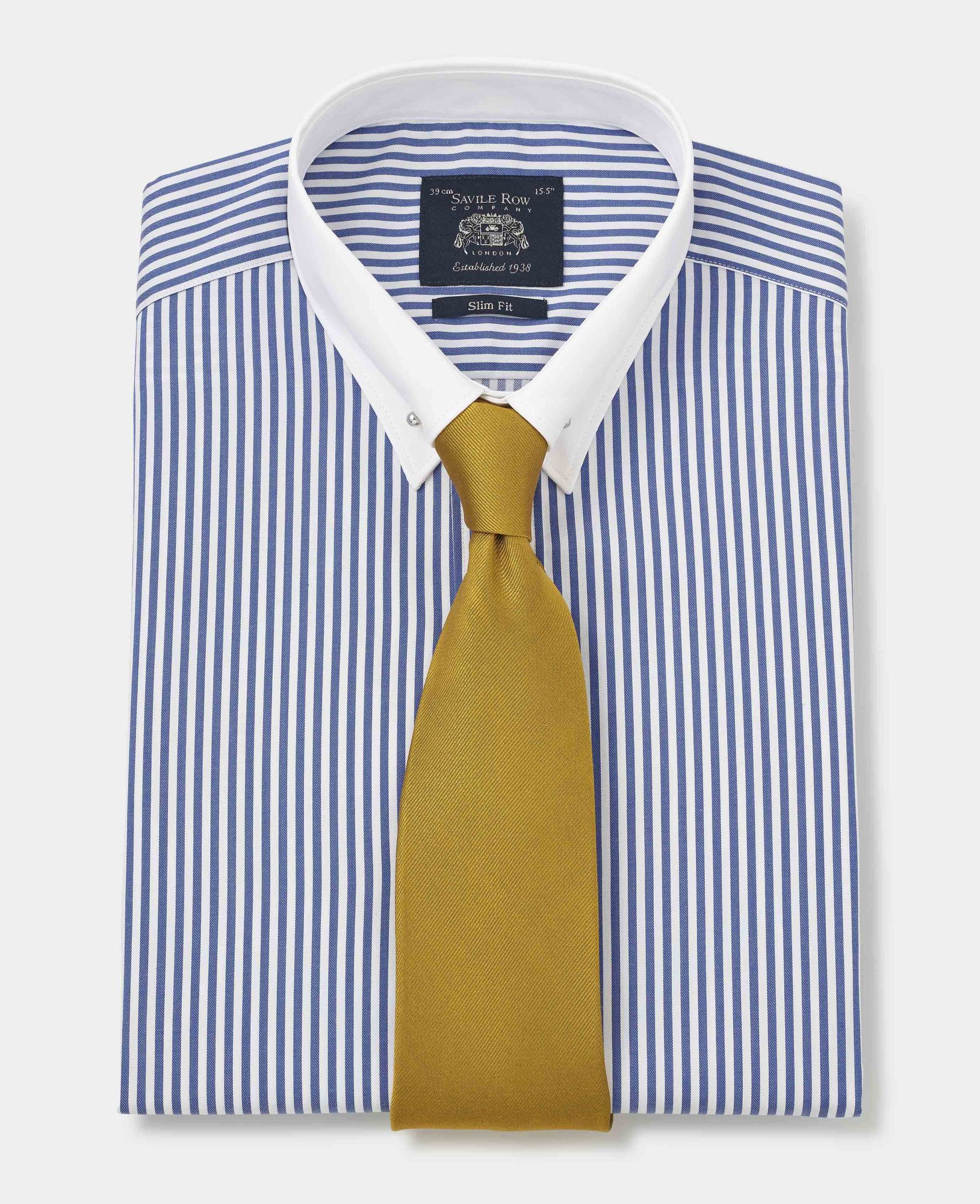 Blue Bengal Stripe Slim Fit Pin Collar Shirt - White Double cuffs & Collar 17