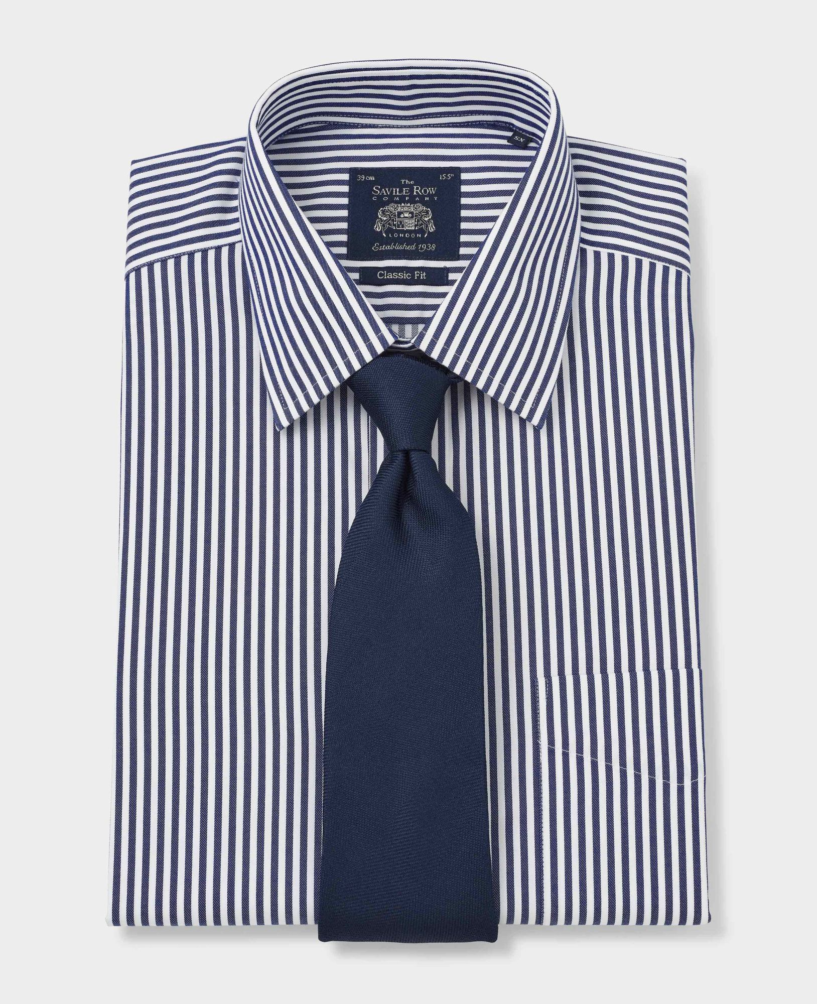 Navy White Stripe Classic Fit Non-Iron Shirt - Single Cuff 16