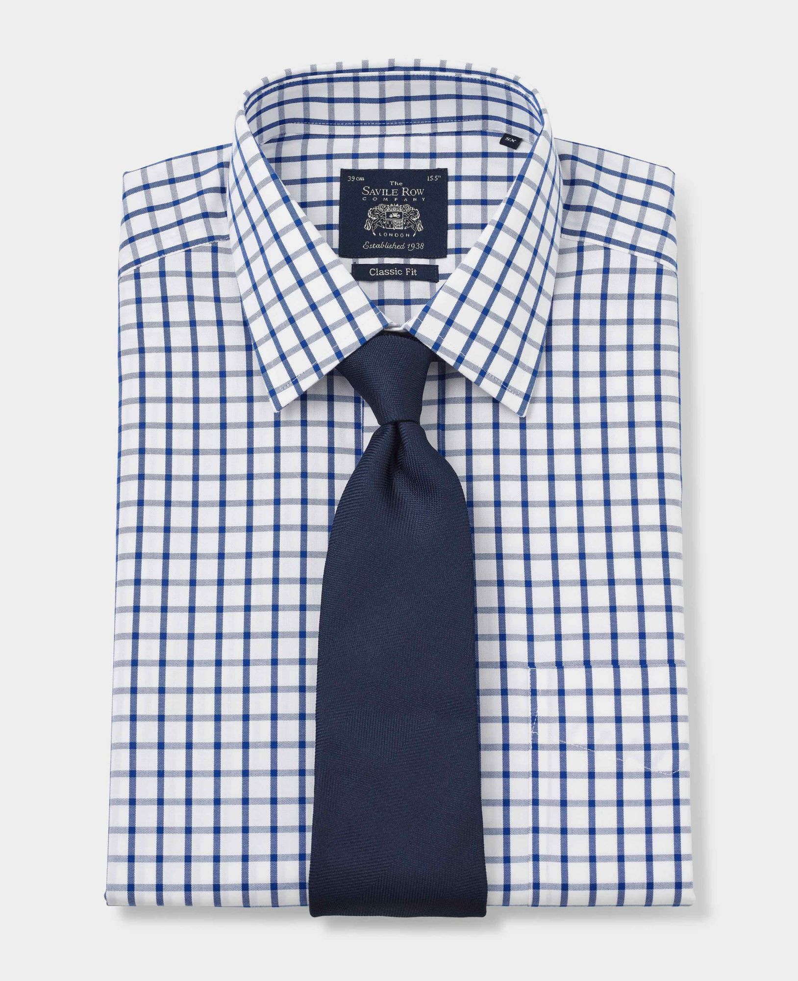 White Blue Check Classic Fit Non-Iron Shirt - Single Cuff 15