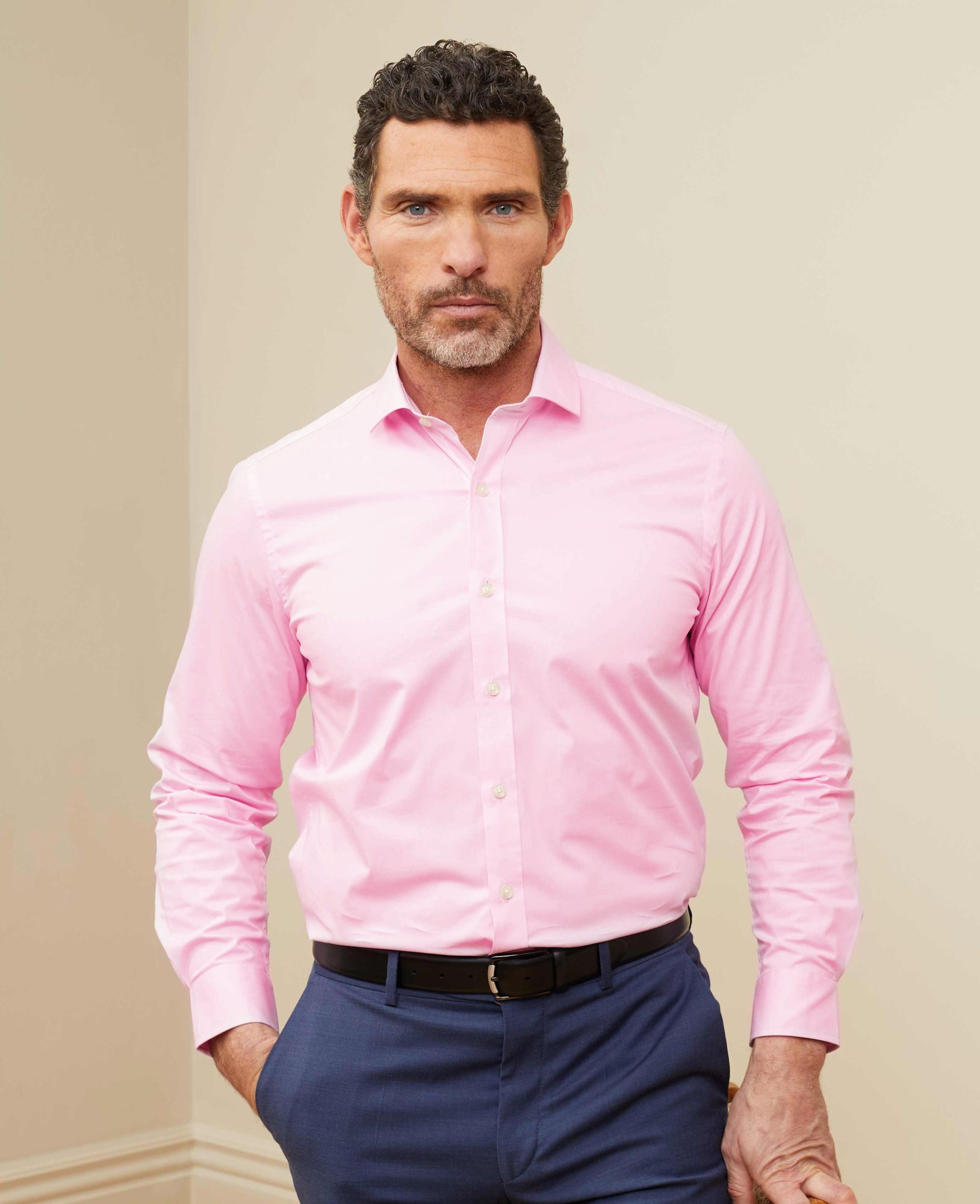 Pink Stretch Cotton Slim Fit Smart Casual Shirt - Single Cuff L Standard