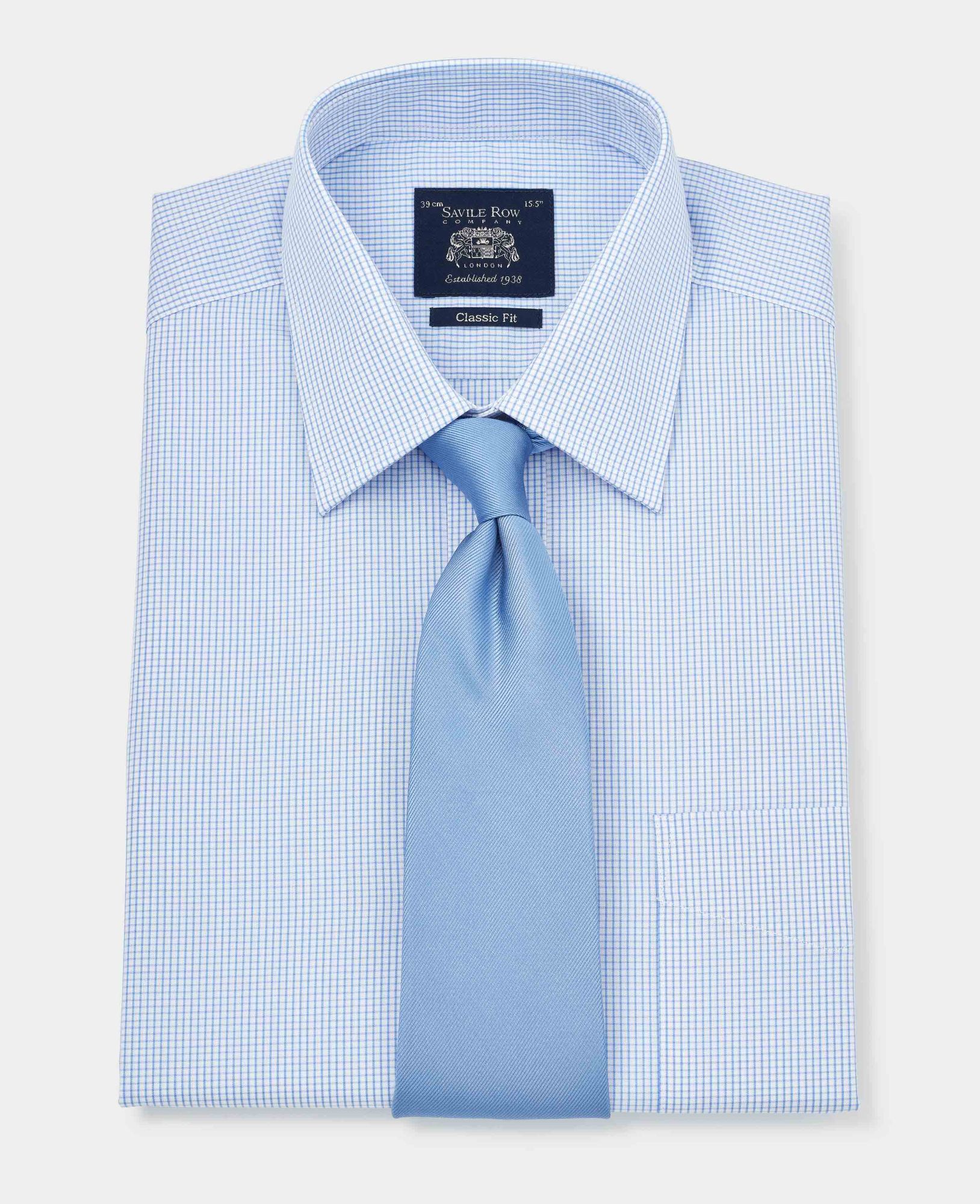 Sky Blue Check Classic Fit Shirt - Single Cuff 15 1/2