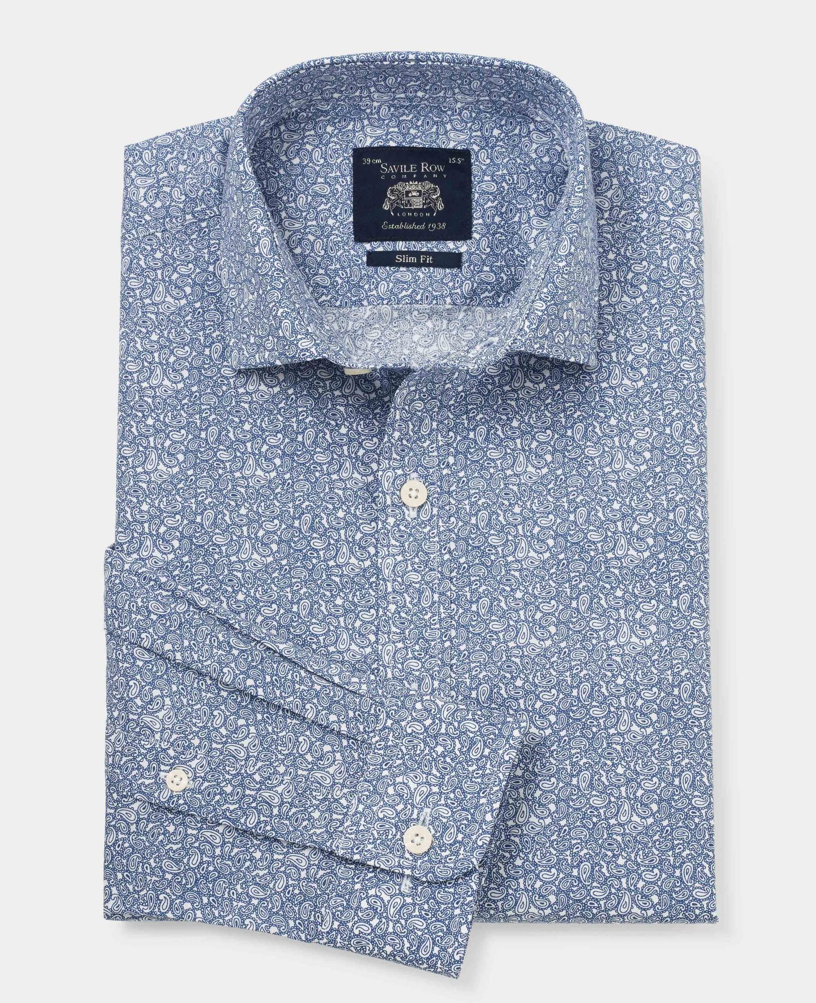 Navy Paisley Print Slim Fit Shirt - Single Cuff 15