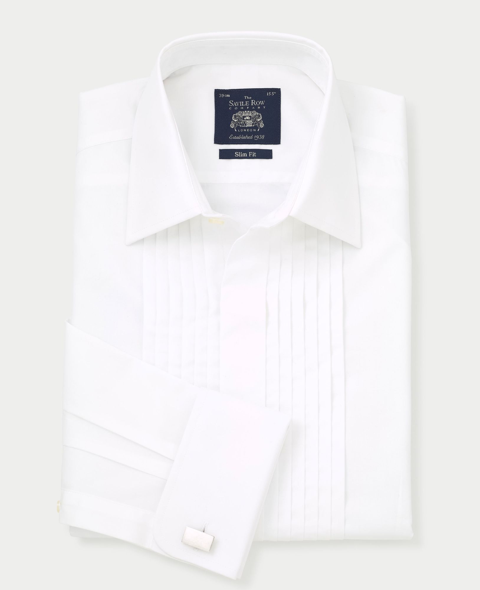White Poplin Pleated Slim Fit Double Cuff Evening Shirt 17 1/2