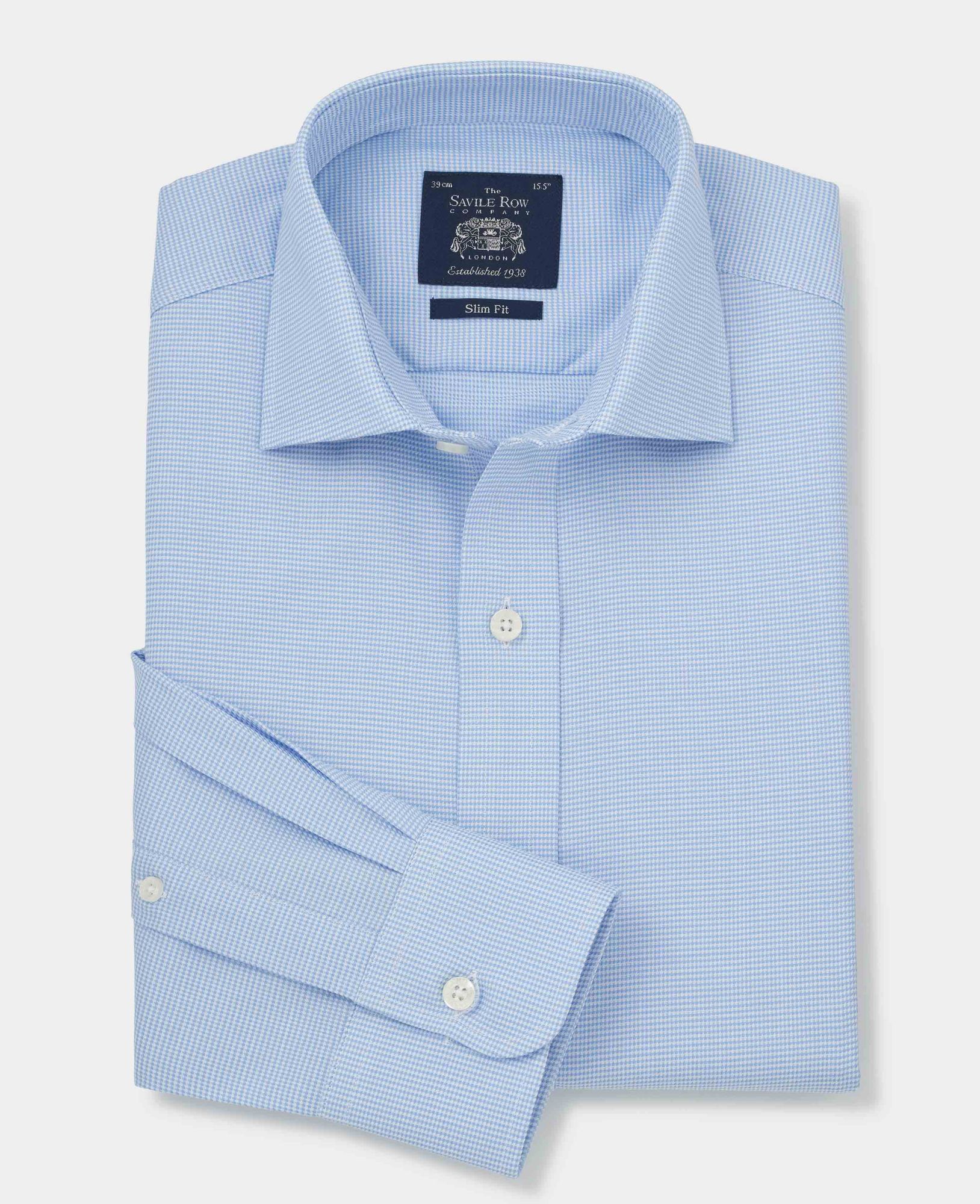 Blue Micro Puppytooth Slim Fit Shirt - Single Cuff 16