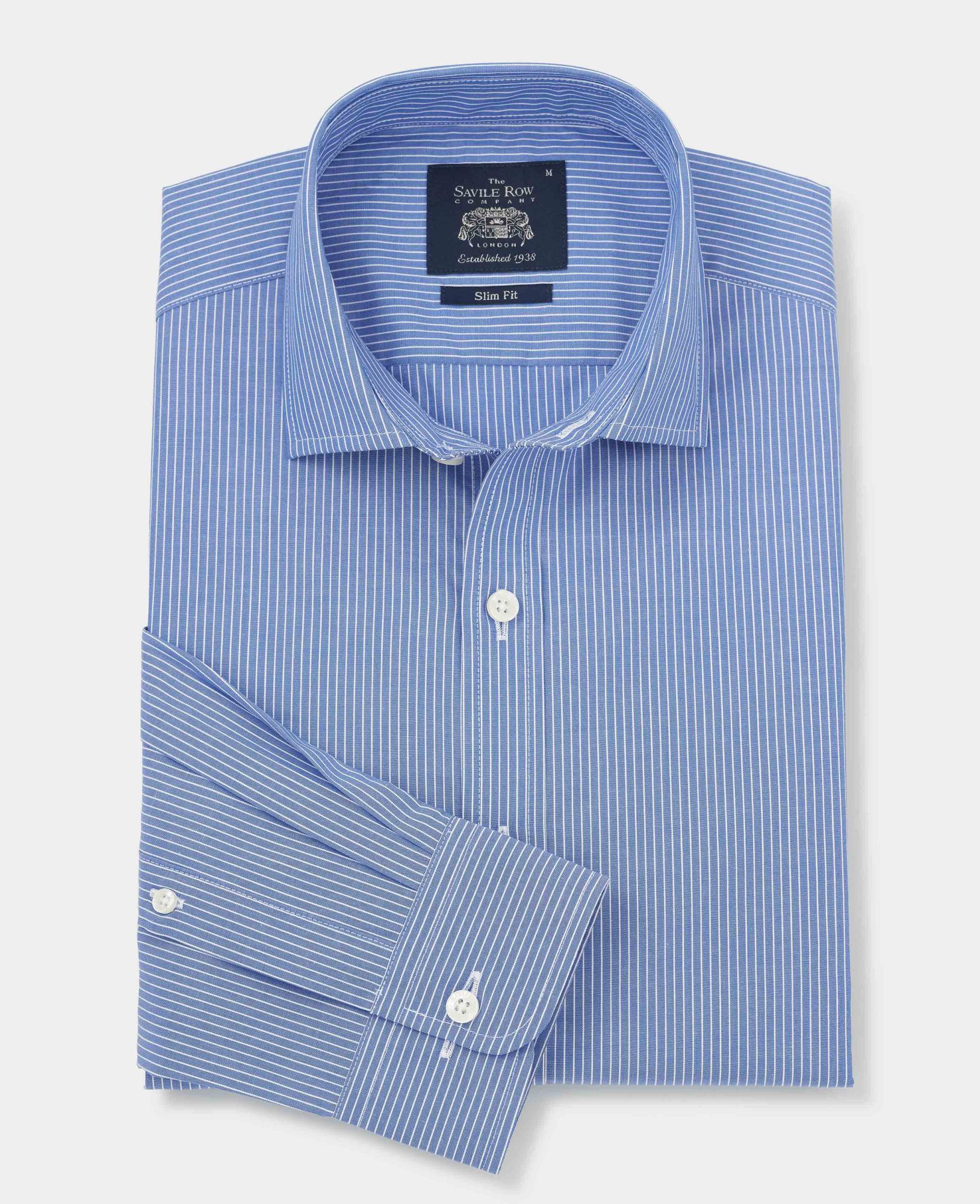 Blue Poplin Stripe Slim Fit Shirt - Single Cuff XL Standard