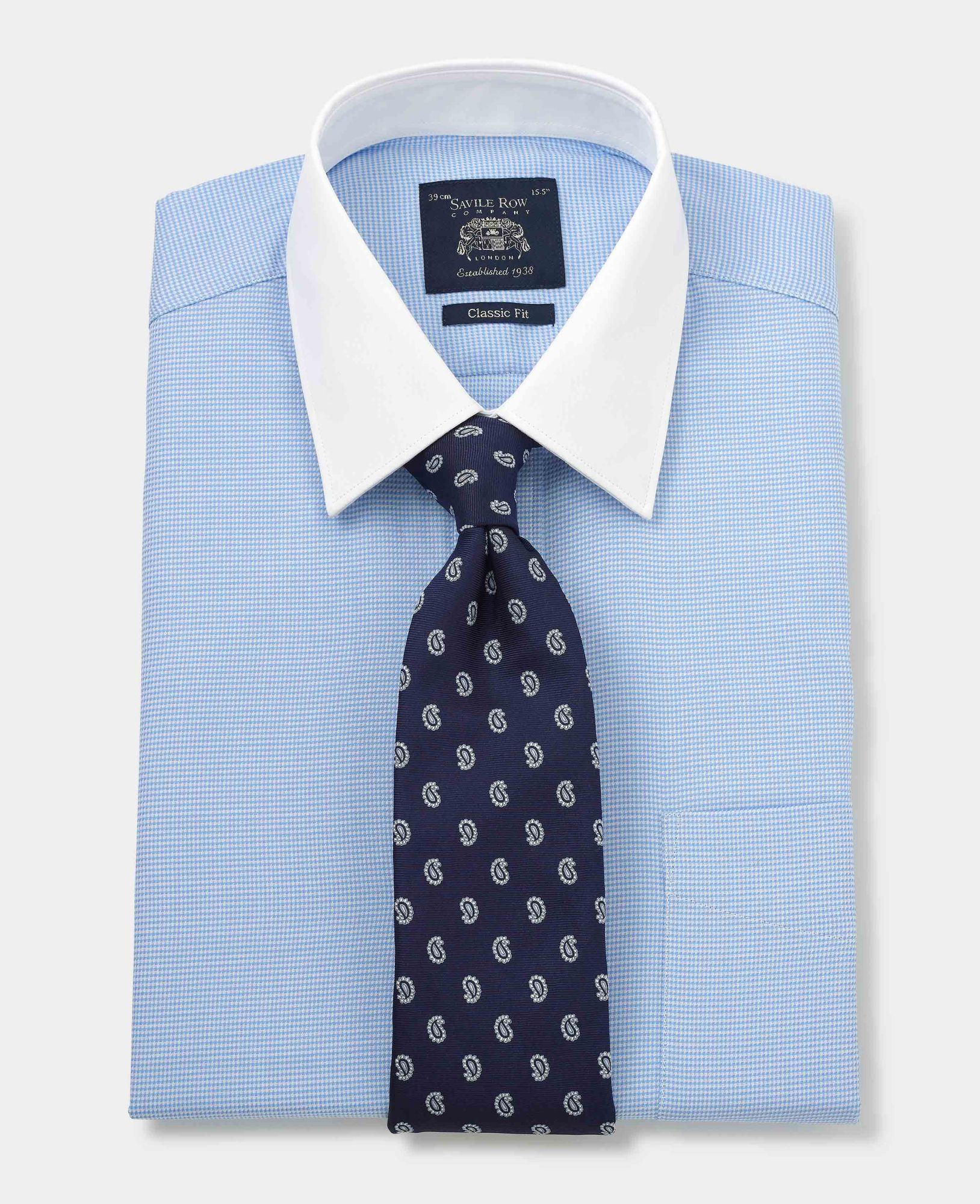 Blue Puppytooth Classic Fit Contrast Collar Shirt - Double Cuff 16 1/2