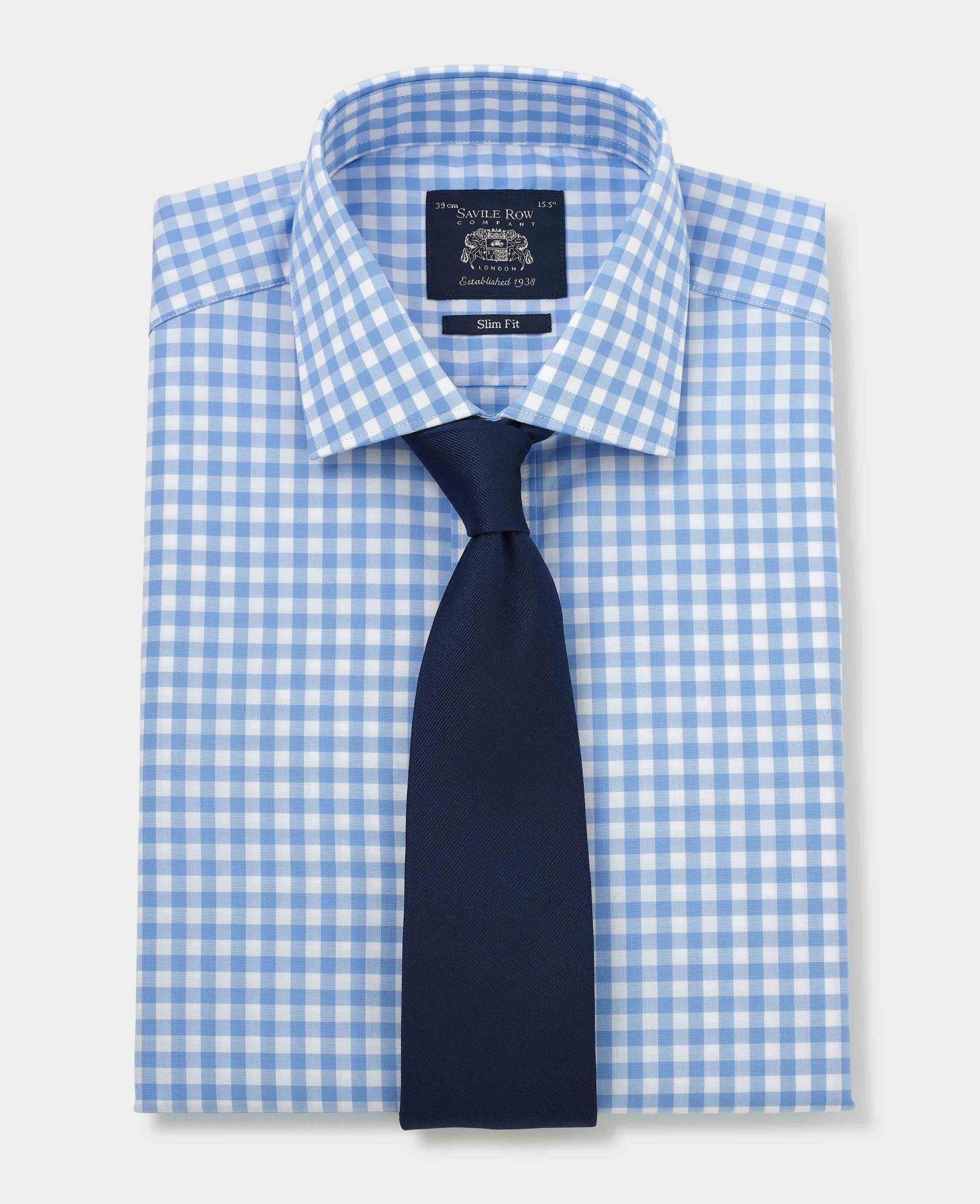 Blue White Check Slim Fit Shirt - Single Cuff 15 1/2